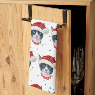 Paño De Cocina Gato negro y blanco de acuarela de Navidad