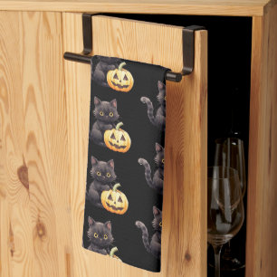 Paño De Cocina Gato Negro y Patrón de Calabaza de Halloween