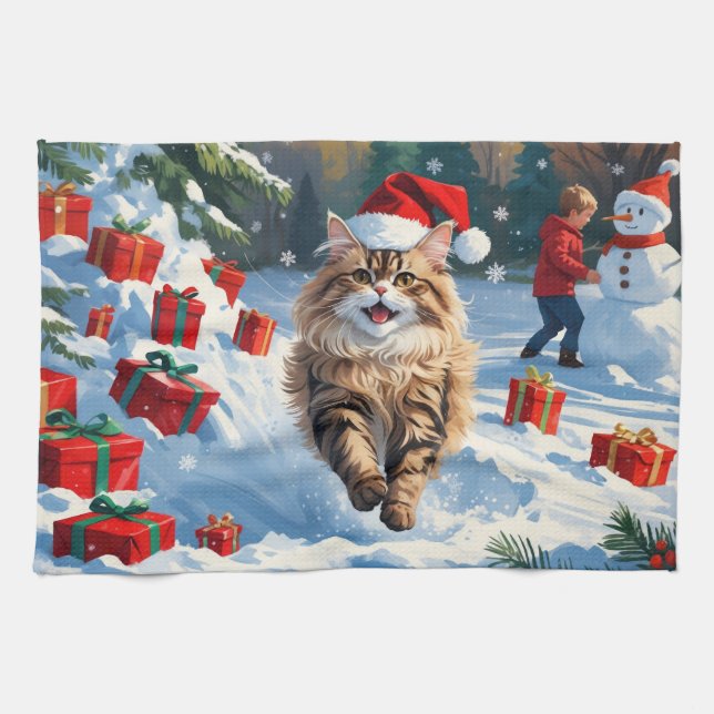 Paño De Cocina Gato persa sentado en nieve con Gorra Navidad (Horizontal)