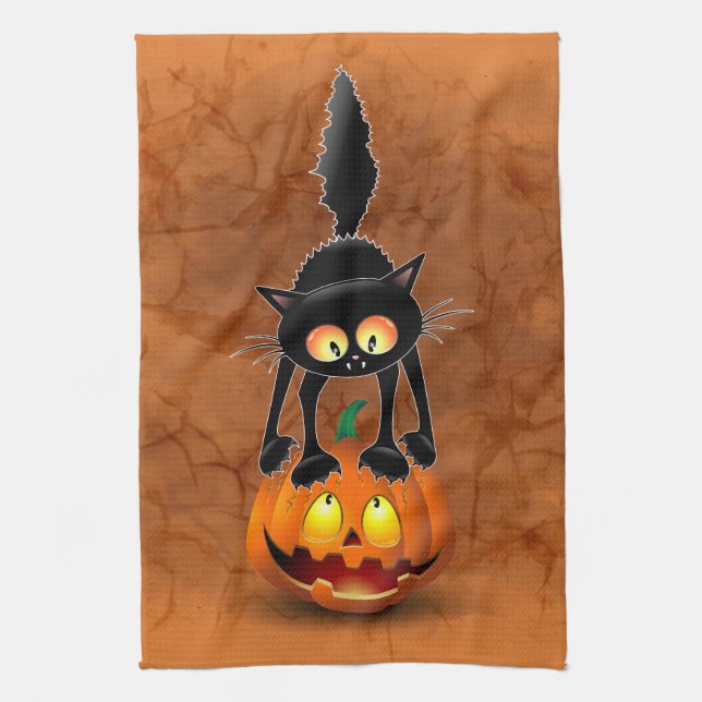 Paño De Cocina Gato Personalizado asustado de Halloween en calaba (Vertical)