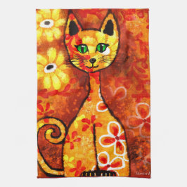 Paño De Cocina Gato retro caprichoso Kitty Floral Naranja amarill