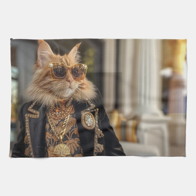 Paño De Cocina Gato rico parado frente a una mansión (Horizontal)