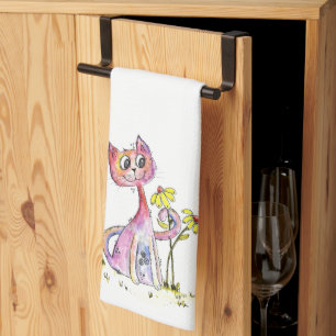 Paño De Cocina Gato rosa caprichoso con flores amarillas