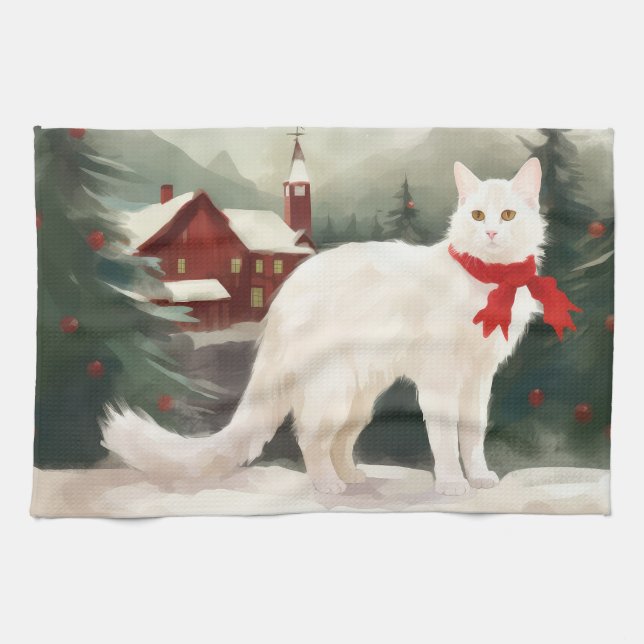 Paño De Cocina Gato turco angora en Navidades de nieve (Horizontal)