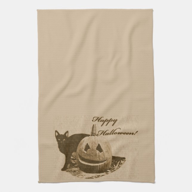 Paño De Cocina Gato y calabaza Feliz Halloween (Vertical)