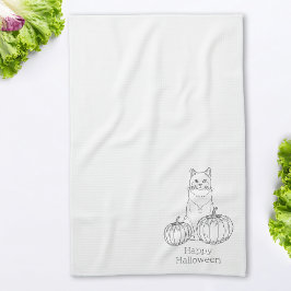 Paño De Cocina Gato Y Calabazas Línea Arte Simple Mínimo Hallowee