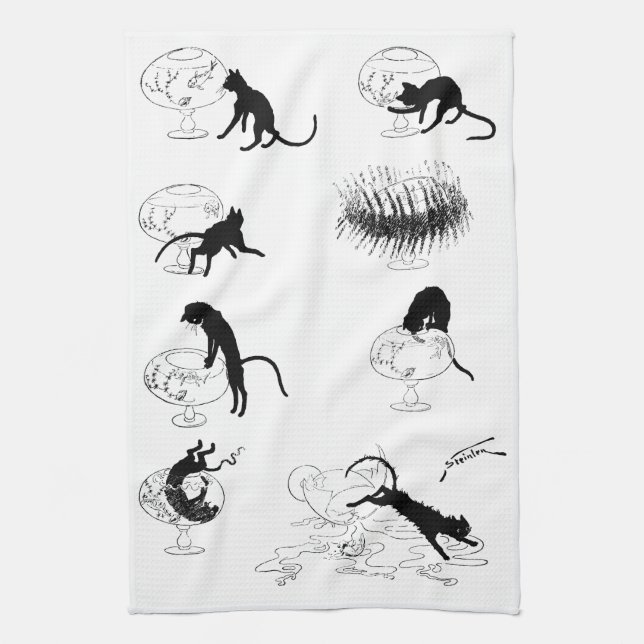 Paño De Cocina Gato y pez dorado, Alexandre Steinlen (Vertical)