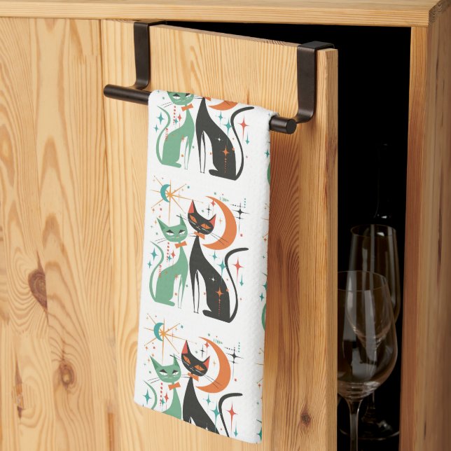 Paño De Cocina Gatos atómicos retro turquesa negro (Pliegue de tercios)