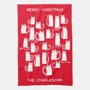 Paño De Cocina Gatos Blancos de Navidad Nombre Personalizado