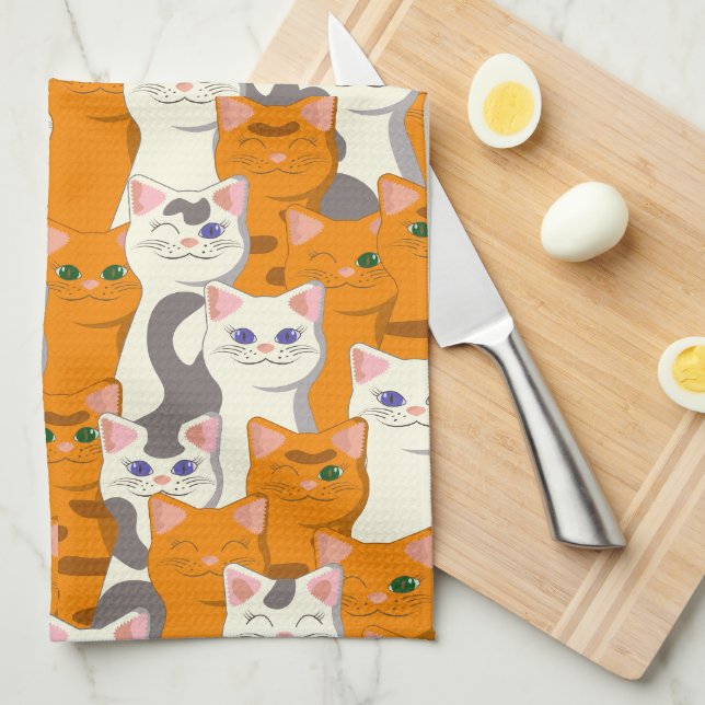 Paño De Cocina Gatos blancos y jengibre patrón ojos verdes ojos a (Doblado Cuarto)