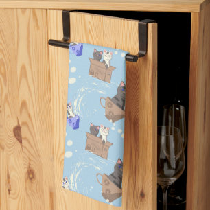 Paño De Cocina Gatos en caja y gotas de leche en azul