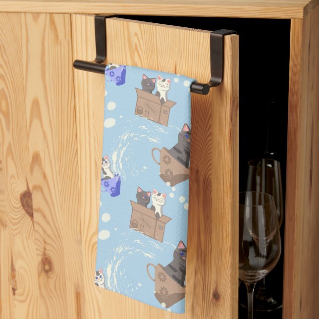 Paño De Cocina Gatos en caja y gotas de leche en azul (Pliegue de tercios)