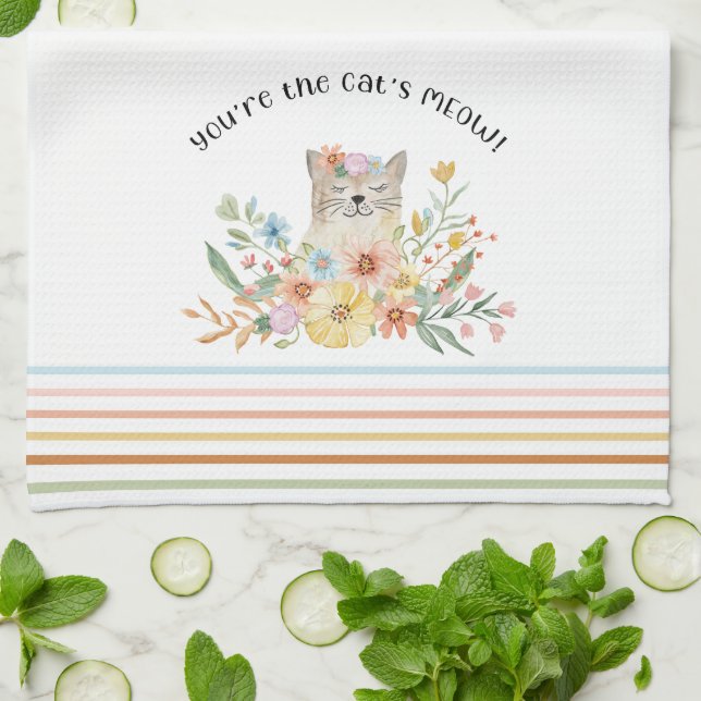 Paño De Cocina Gatos Meow Abuela Cute Kitty Floral Pastel (Doblado)