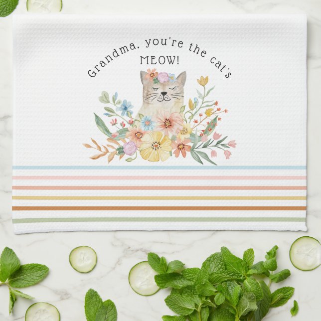 Paño De Cocina Gatos Meow Abuela Cute Kitty Floral Pastel (Doblado)