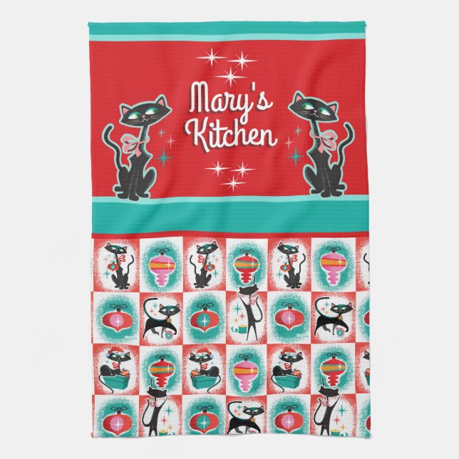 Paño De Cocina Gatos Navidades retro - Personalizable (Vertical)