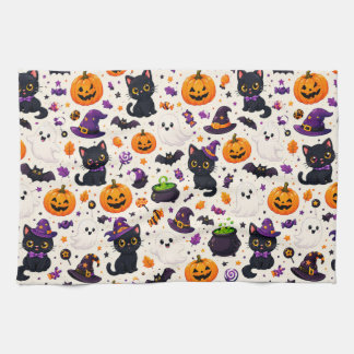 Paño De Cocina Gatos y fantasmas de Halloween Escena de patrón re
