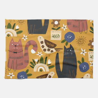 Paño De Cocina Gatos y pájaros vintage, mano arrastrada.