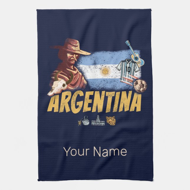 Paño De Cocina Gaucho vintage de Argentina con pelota de fútbol d (Vertical)