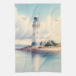 Paño De Cocina Gaviotas de faro costero Cielo pastel Serenidad