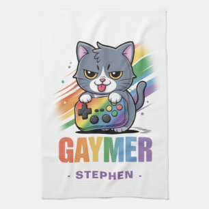 Paño De Cocina Gaymer - Gato de juegos de arcoiris con consola   