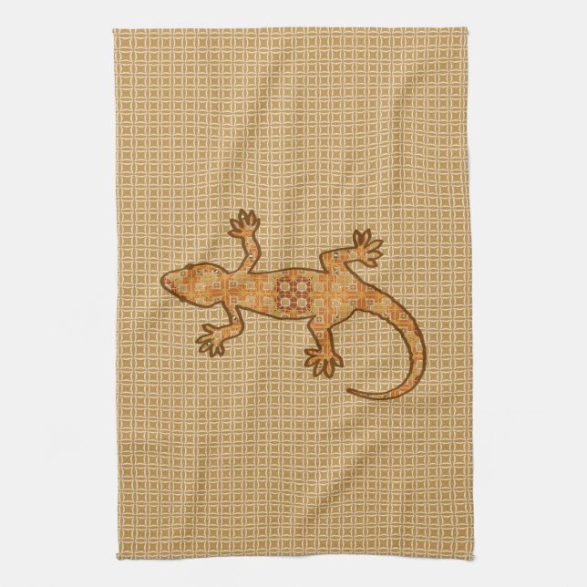Paño De Cocina Gecko de batik tribal - óxido, ámbar y bronceado (Vertical)