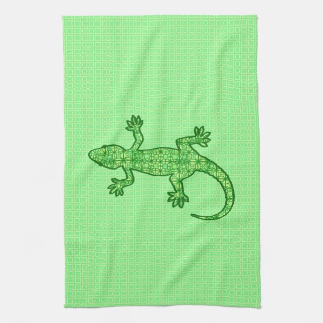 Paño De Cocina Gecko tribal del batik - cal y verde esmeralda (Vertical)