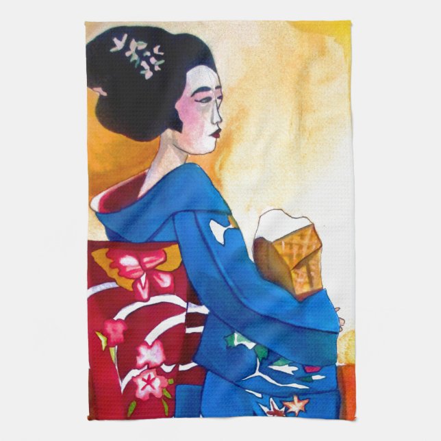 Paño De Cocina Geisha japonés con el kimono azul (Vertical)