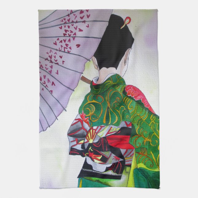 Paño De Cocina Geisha japonesa con kimono y paraguas (Vertical)
