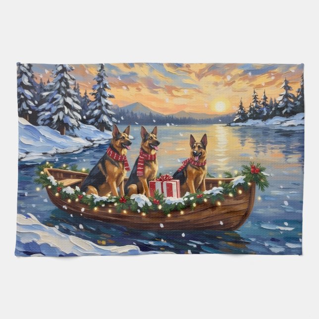 Paño De Cocina German Shepherd Christmas Boat Holiday (Horizontal)