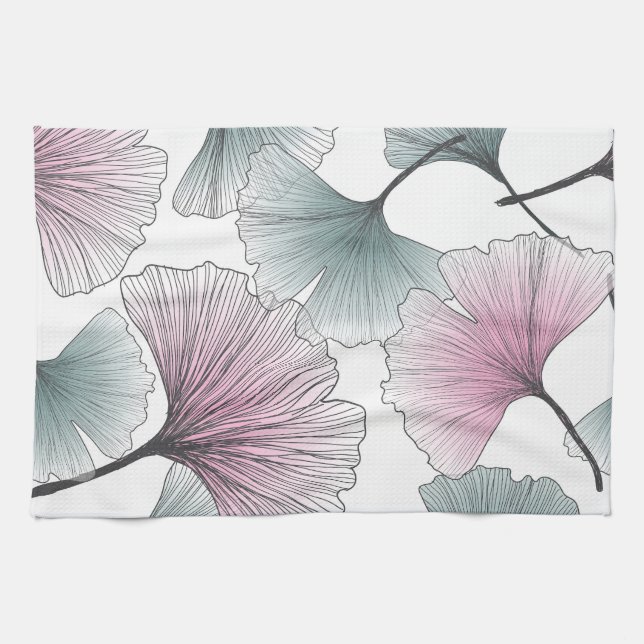 Paño De Cocina Gingko biloba dibujado a mano. (Horizontal)