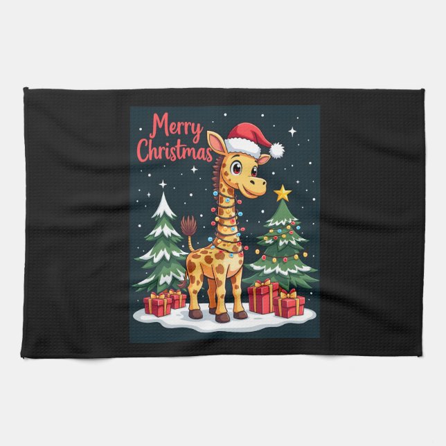 Paño De Cocina Giraffe Merry Christmas Tree Lighting Santa Giraff (Horizontal)