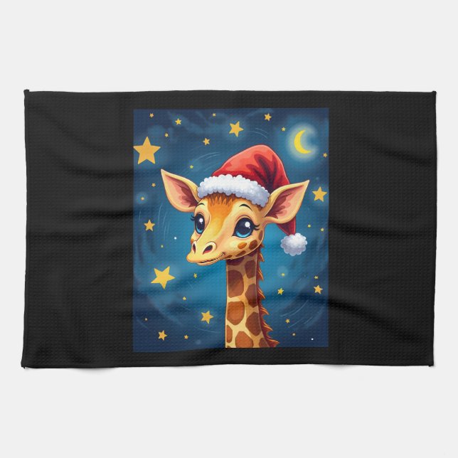 Paño De Cocina Giraffe Santa Hat Starry Night Holiday L (Horizontal)