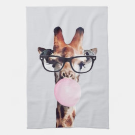 Paño De Cocina Giraffe Usando Gafas Que Soplan Goma Rosa De Burbu