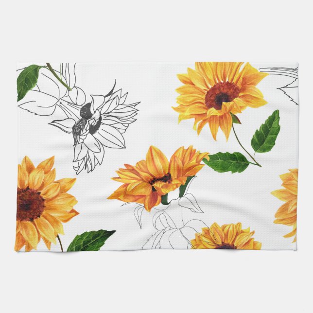 Paño De Cocina girasoles dibujados a mano: patrón amarillo vibran (Horizontal)