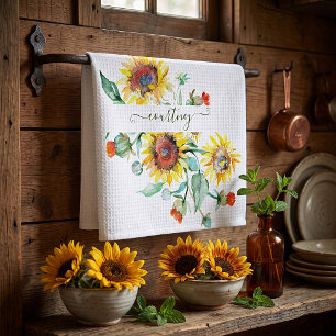 Paño De Cocina Girasoles personalizados al acuarela