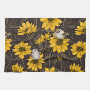 Paño De Cocina girasoles silvestres y pájaros dorados/ amarillo
