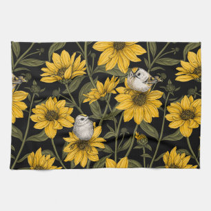 Paño De Cocina girasoles silvestres y pájaros dorados/ amarillo