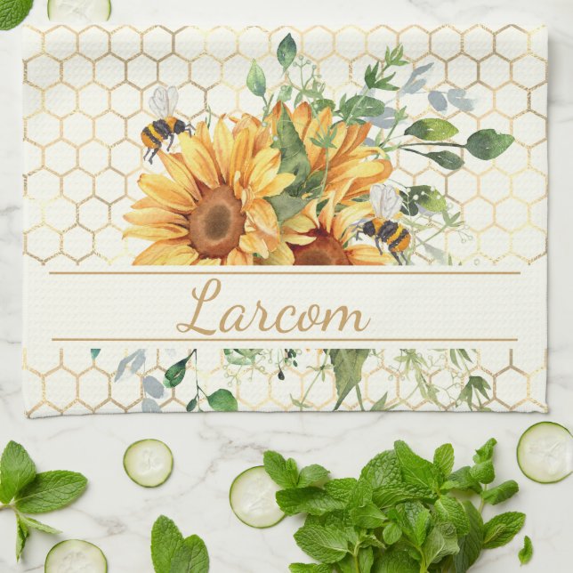 Paño De Cocina Girasoles y abejas personalizados (Doblado)
