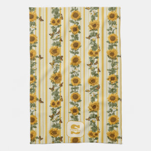 Paño De Cocina Girasoles y Mariposas sobre Rayas Amarillas