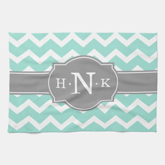 Paño De Cocina Girly Mint Chevron Gray Monograma (Horizontal)
