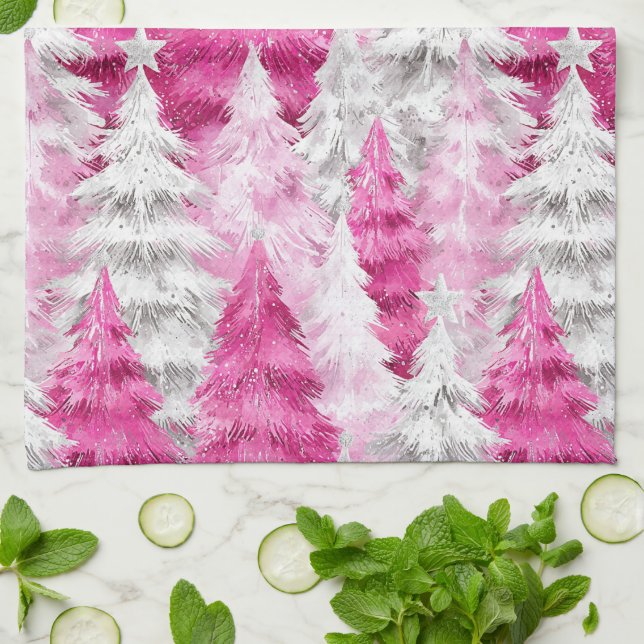 Paño De Cocina Girly Pink Silver Glam Christmas Trees Stripes (Doblado)