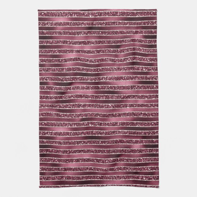 Paño De Cocina Glam Burgundy Red Rose Rubor Purpurinas Stripes (Vertical)