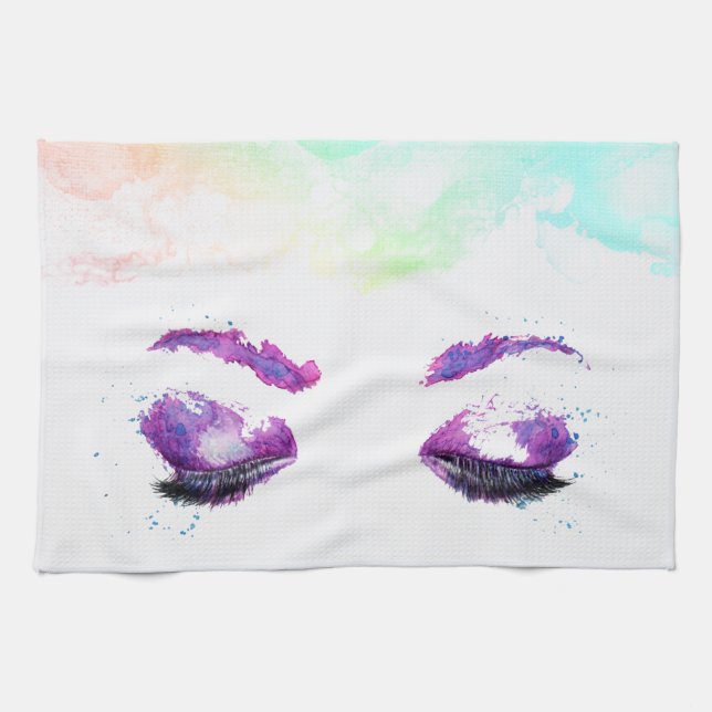 Paño De Cocina Glamorosos Ojos Púrpuros y Flores Acuarela (Horizontal)