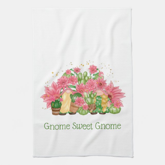 Paño De Cocina Gnomes floral verde rosa Gnome Sweet Gnome (Vertical)