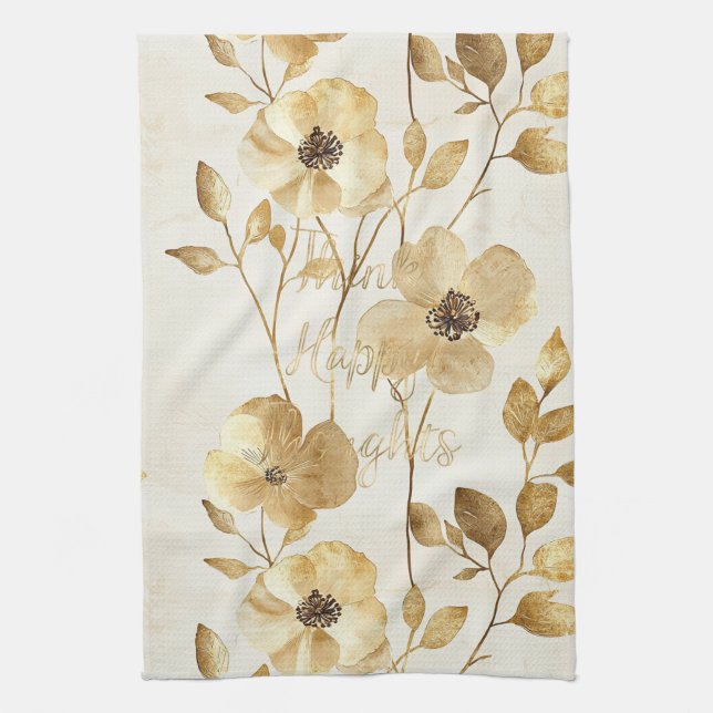 Paño De Cocina Gold Flowers Inspirational Happy Thoughts (Vertical)