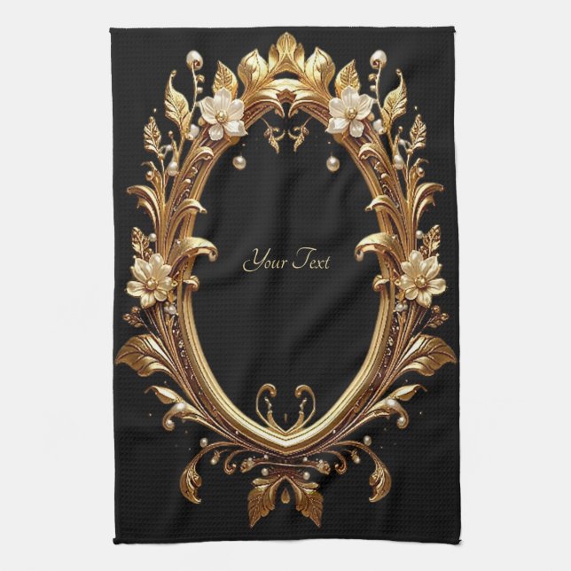 Paño De Cocina Golden Floral Ornate Frame Kitchen Towel (Vertical)