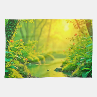 Paño De Cocina Golden Forest Stream Peaceful Art