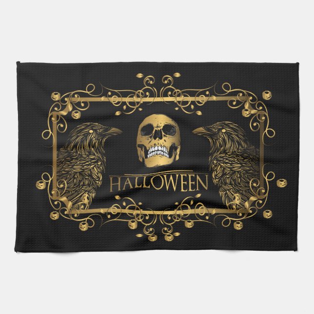 Paño De Cocina Golden Halloween Skulls Ravens (Horizontal)