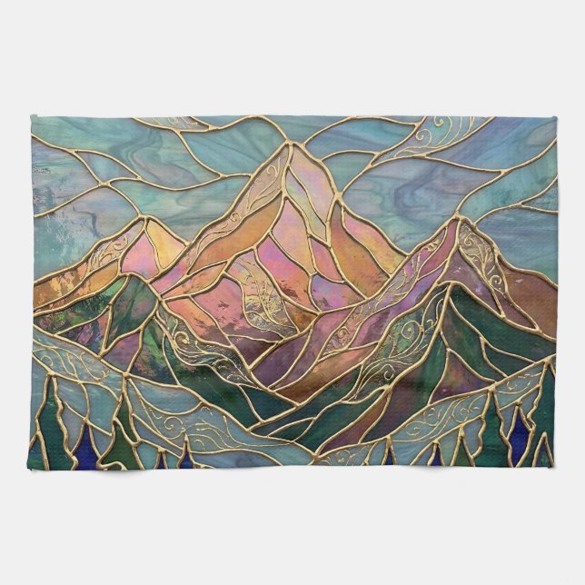 Paño De Cocina Golden Mountain Peaks Forest Stained Glass Art (Horizontal)