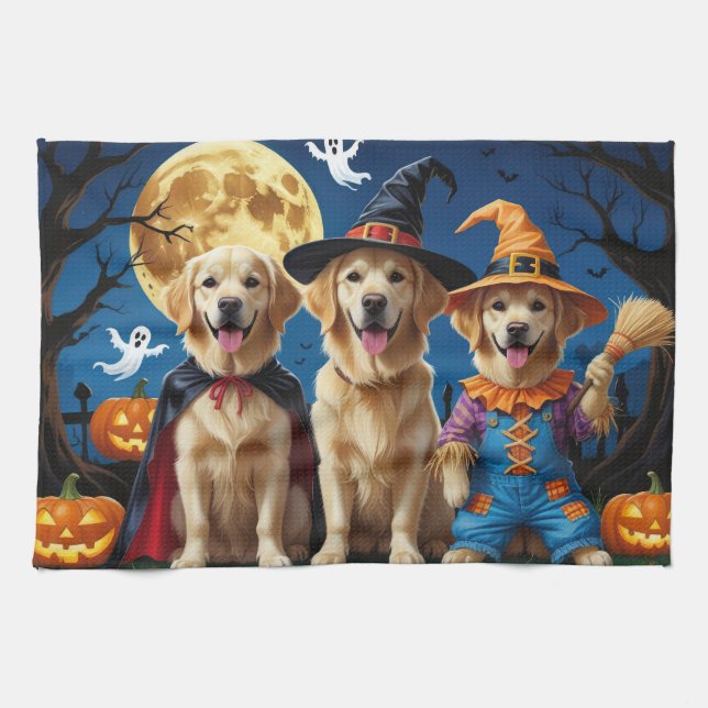 Paño De Cocina Golden Retriever Dogs Pumpkin Halloween Funny (Horizontal)